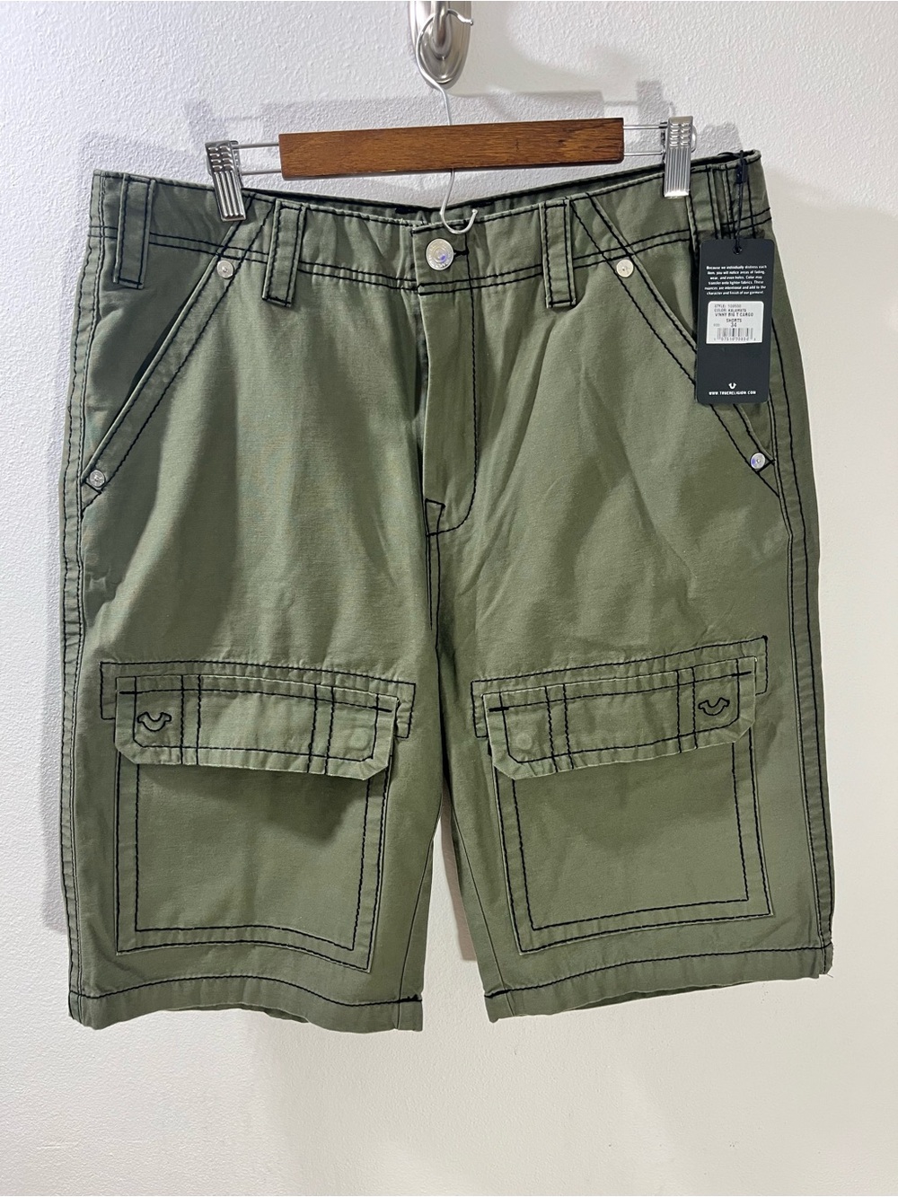 True Religion Cargo Shorts Mens 34 Green Kalamata Cotton Mix Utility Pockets